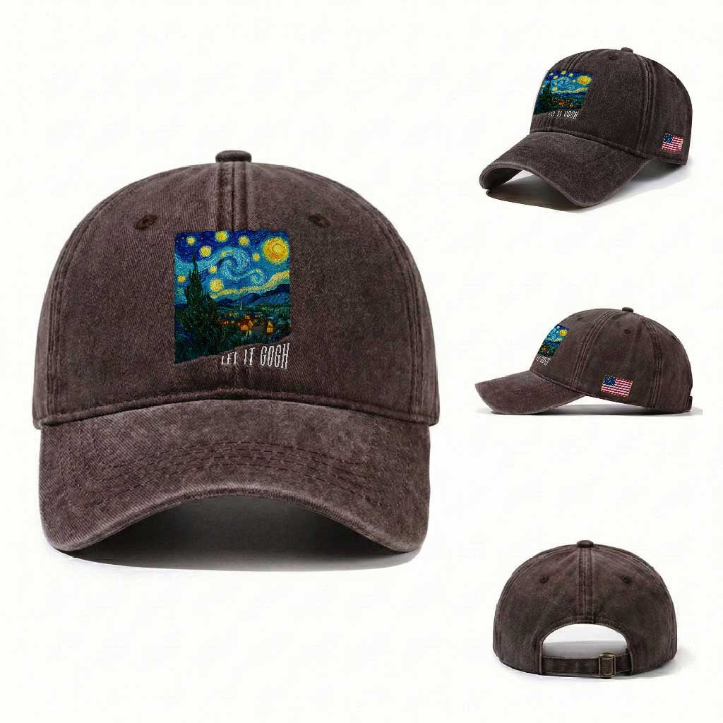 Let It Gogh Funny Vincent Van Gogh Washed Cotton Baseball Cap Starry Night Design Art Lover TS11 Washed Cap Universal Fit Dark Brown Print Your Wear