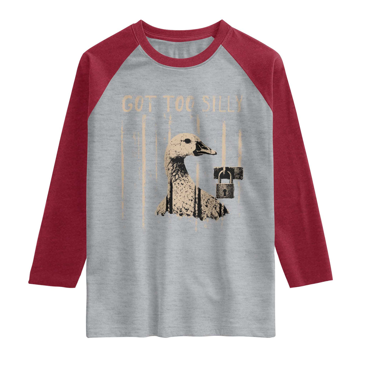 Got Too Silly Raglan Shirt Funny Goose Jailbird Prison TS11 Heather Gray Heather Red Print Your Wear
