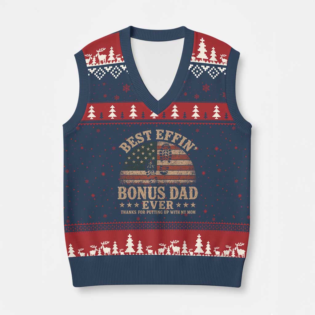 Best Effin Bonus Dad Ever V-Neck Knit Sweater Vest Step Dad American Flag Father's Day Gifts TS11 Navy Red Print Your Wear