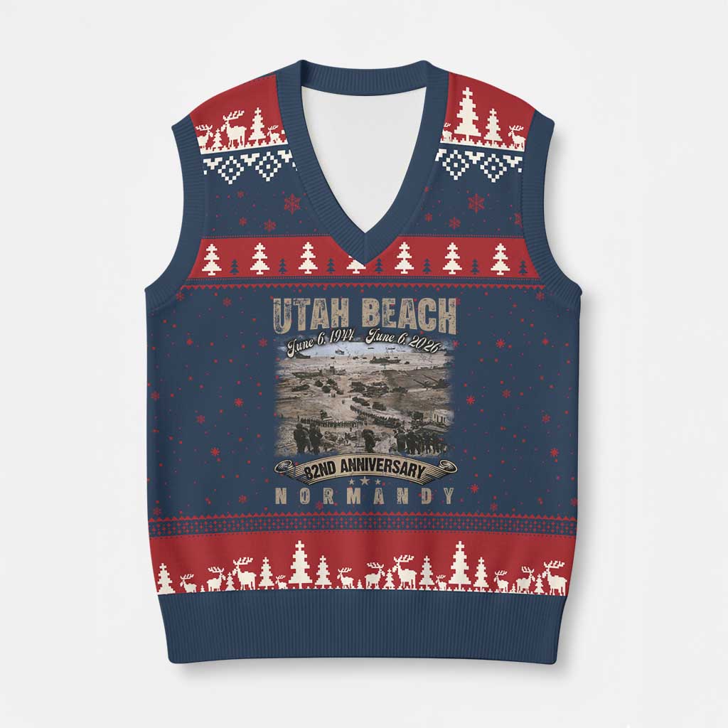 Utah Beach D Day V-Neck Knit Sweater Vest 82nd Anniversary Honor History Normandy WWII TS11 Navy Red Print Your Wear