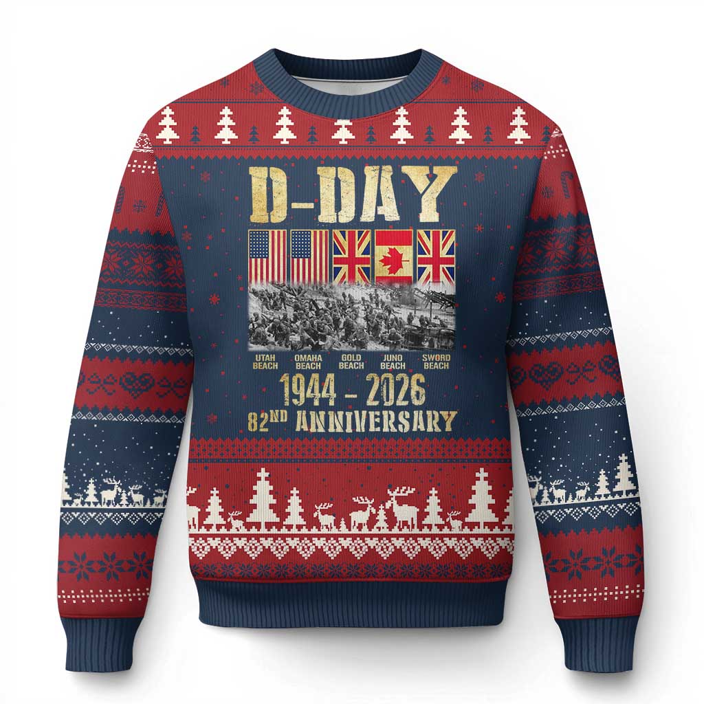 D Day 82nd Anniversary Honor History Normandy WWII Ugly Christmas Sweater TS11 Navy Red Print Your Wear