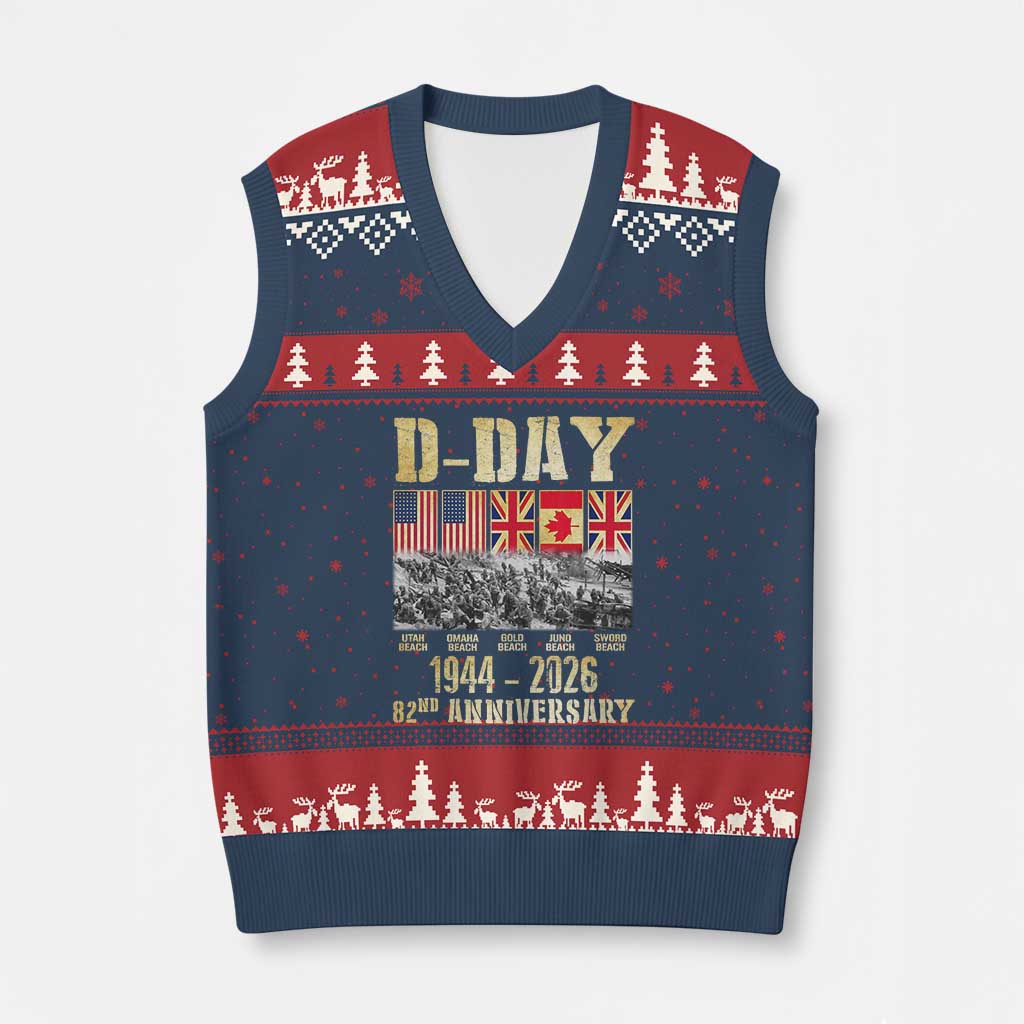 D Day 82nd Anniversary Honor History Normandy WWII V-Neck Knit Sweater Vest TS11 Navy Red Print Your Wear