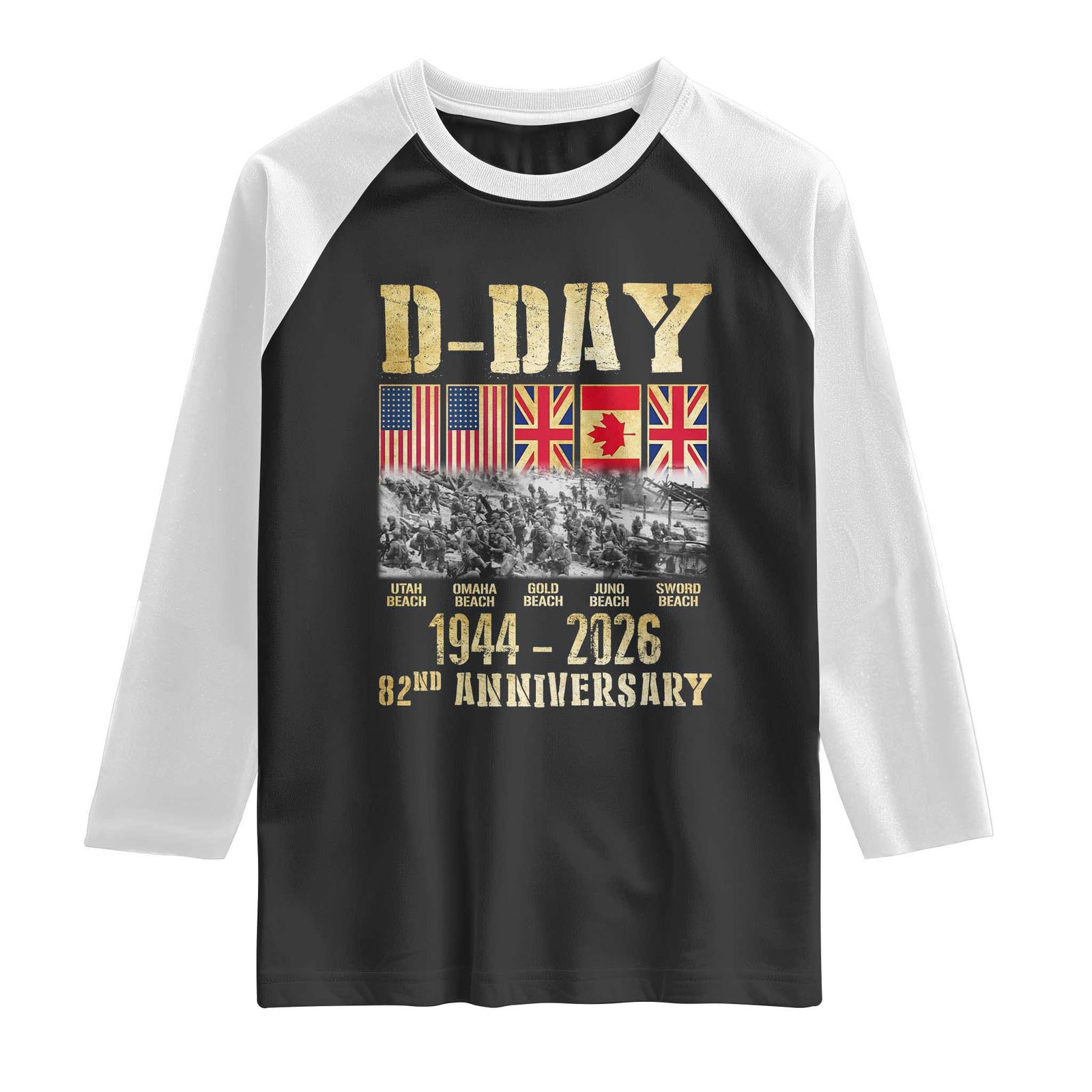 D Day 82nd Anniversary Honor History Normandy WWII Raglan Shirt TS11 Black White Print Your Wear