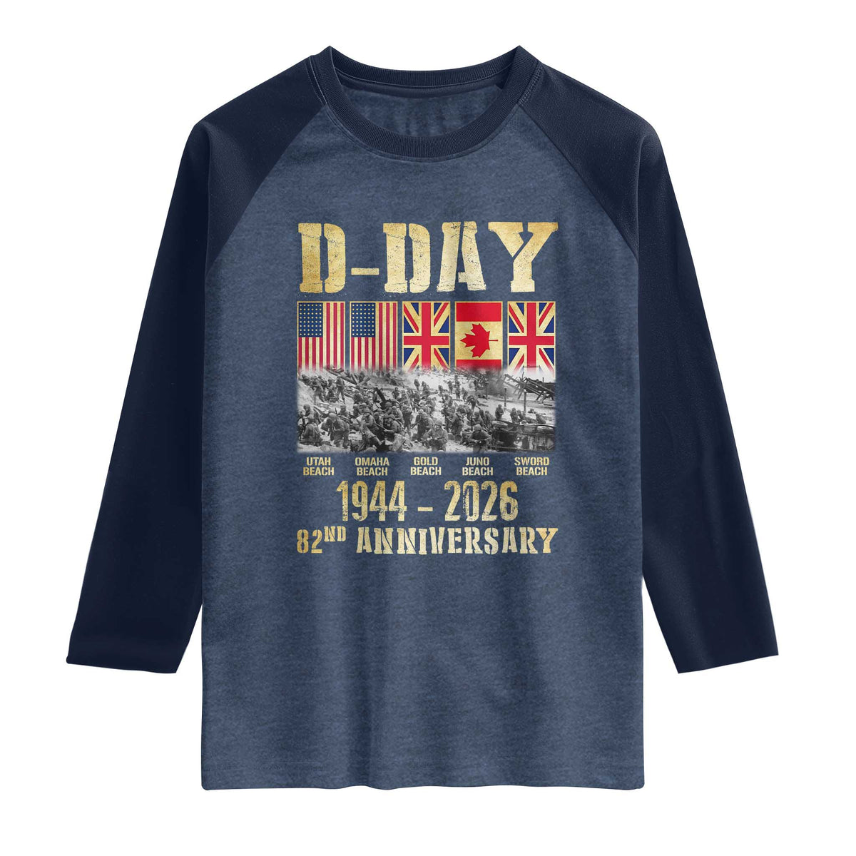 D Day 82nd Anniversary Honor History Normandy WWII Raglan Shirt TS11 Heather Denim Navy Print Your Wear