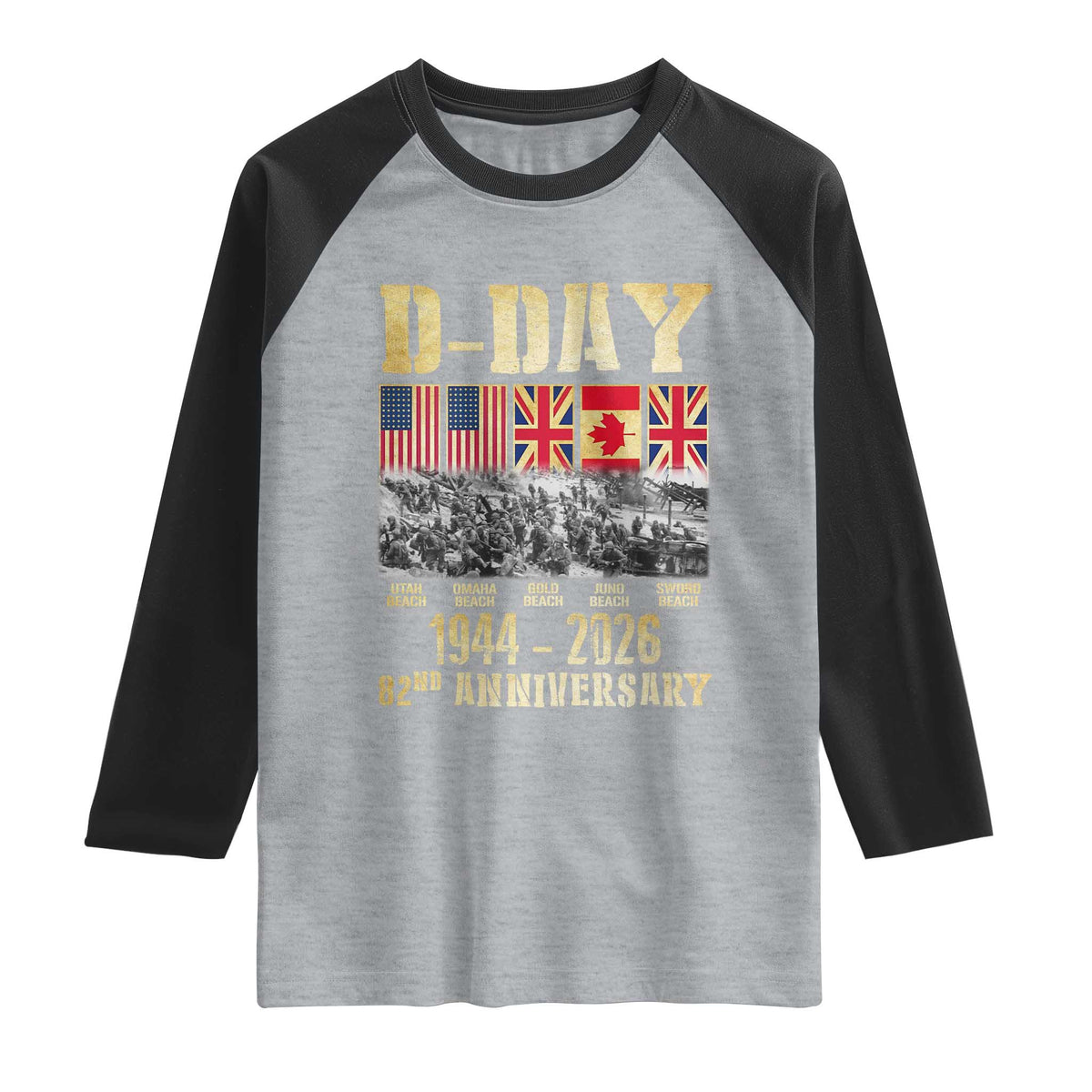 D Day 82nd Anniversary Honor History Normandy WWII Raglan Shirt TS11 Heather Gray Black Print Your Wear