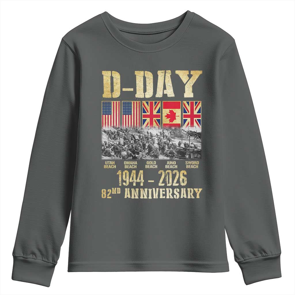 D Day 82nd Anniversary Honor History Normandy WWII Youth Sweatshirt TS11 Dark Heather Print Your Wear