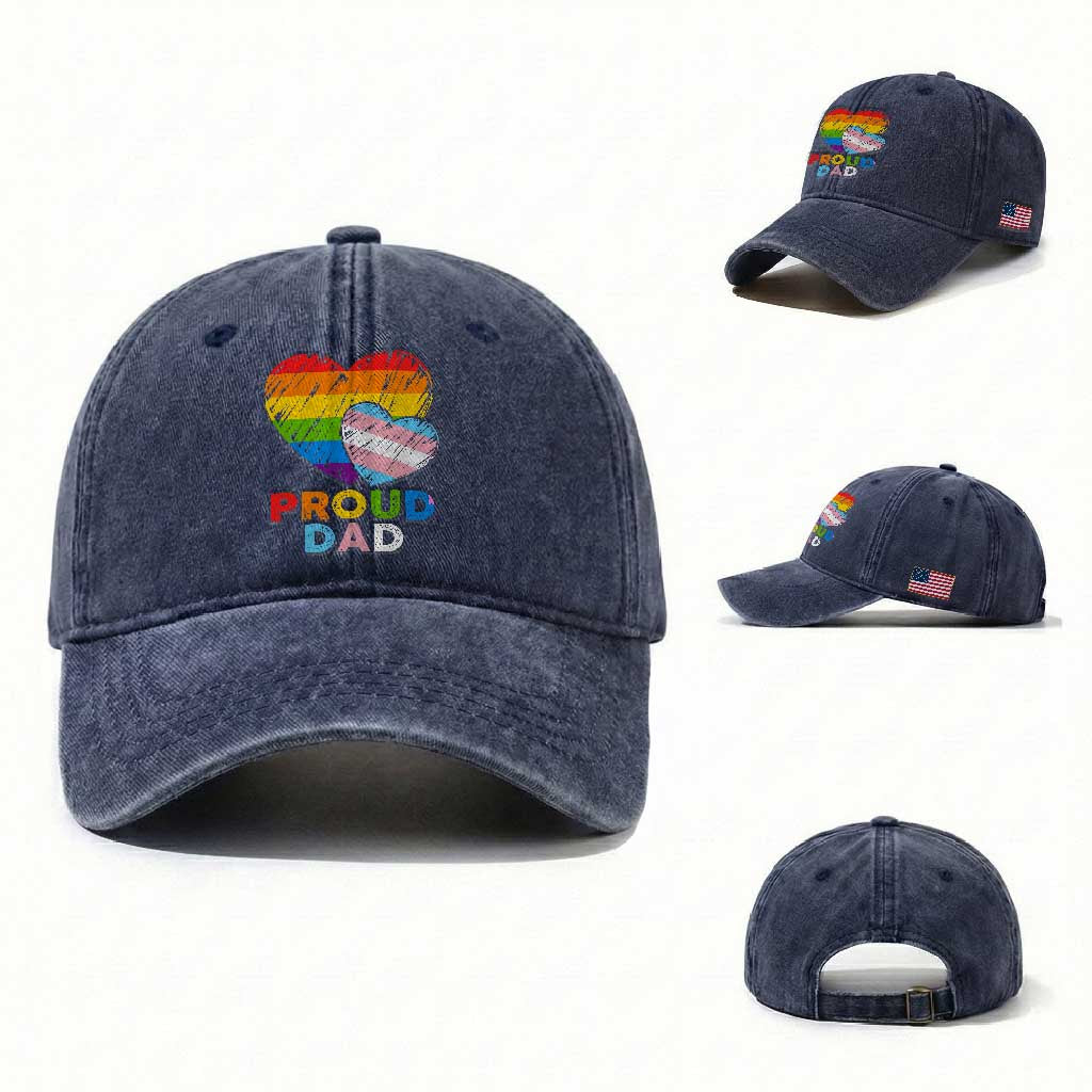 Funny Proud Dad LGBTQ Washed Cotton Baseball Cap LGBT Transgender Flag Heart Fathers Day TS11 Washed Cap Universal Fit Navy Print Your Wear