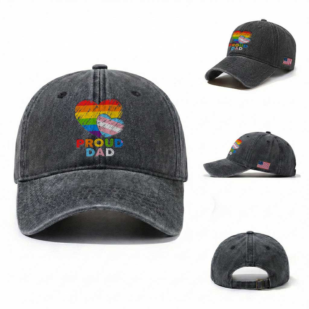 Funny Proud Dad LGBTQ Washed Cotton Baseball Cap LGBT Transgender Flag Heart Fathers Day TS11 Washed Cap Universal Fit Dark Gray Print Your Wear