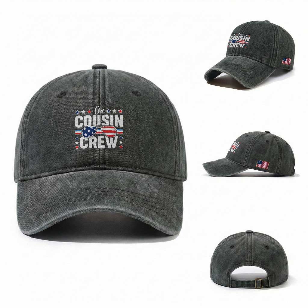 Funny The Cousin Crew 4th Of July Washed Cotton Baseball Cap Patriotic American Family Matching TS11 Washed Cap Universal Fit Dark Green Print Your Wear