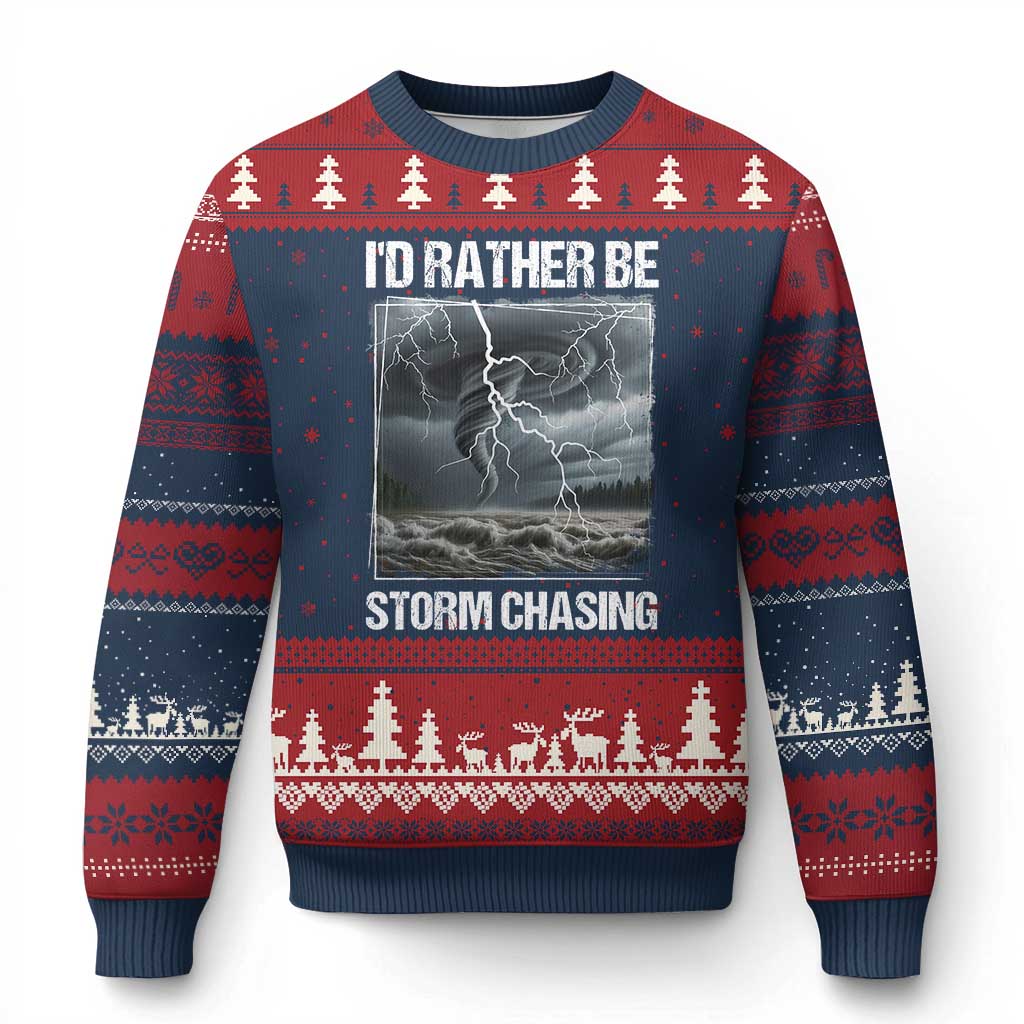 Funny I Would Rather Be Storm Chasing Ugly Christmas Sweater Storm Tornado Lover TS11 Navy Red Print Your Wear