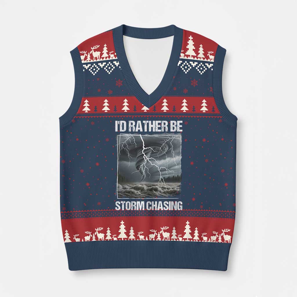 Funny I Would Rather Be Storm Chasing V-Neck Knit Sweater Vest Storm Tornado Lover TS11 Navy Red Print Your Wear