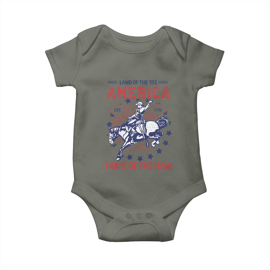 Funny 4th of July Western Cowboy Baby Onesie America Land Of The Yee Home Of The Haw TS11 Military Green Print Your Wear