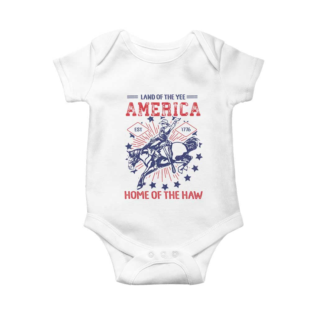 Funny 4th of July Western Cowboy Baby Onesie America Land Of The Yee Home Of The Haw TS11 White Print Your Wear