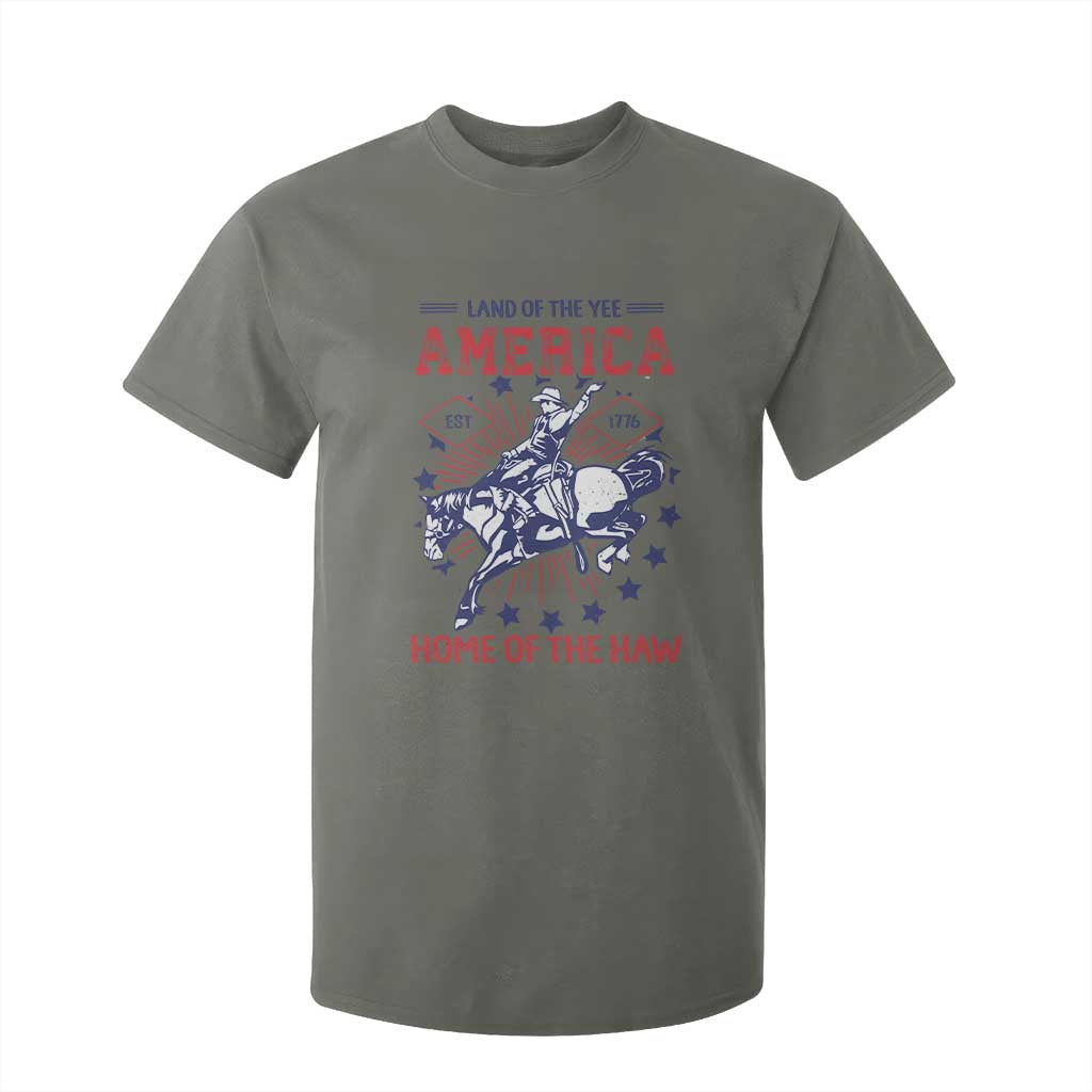 Funny 4th of July Western Cowboy T Shirt For Kid America Land Of The Yee Home Of The Haw TS11 Military Green Print Your Wear