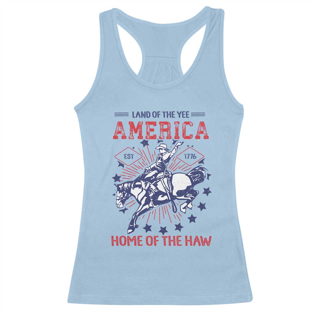 Funny 4th of July Western Cowboy Racerback Tank Top America Land Of The Yee Home Of The Haw TS11 Light Blue Print Your Wear