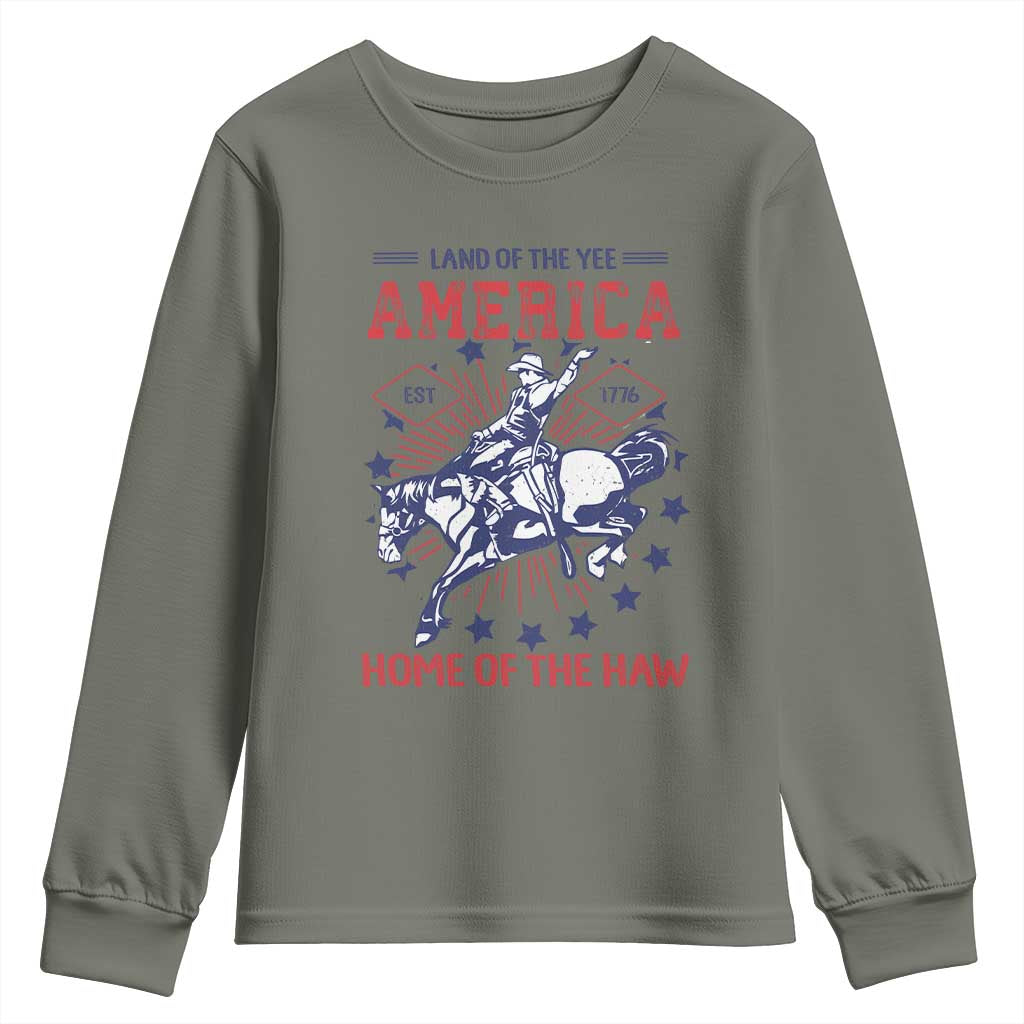Funny 4th of July Western Cowboy Youth Sweatshirt America Land Of The Yee Home Of The Haw TS11 Military Green Print Your Wear