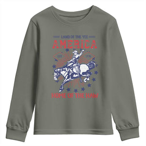 Funny 4th of July Western Cowboy Youth Sweatshirt America Land Of The Yee Home Of The Haw TS11 Military Green Print Your Wear