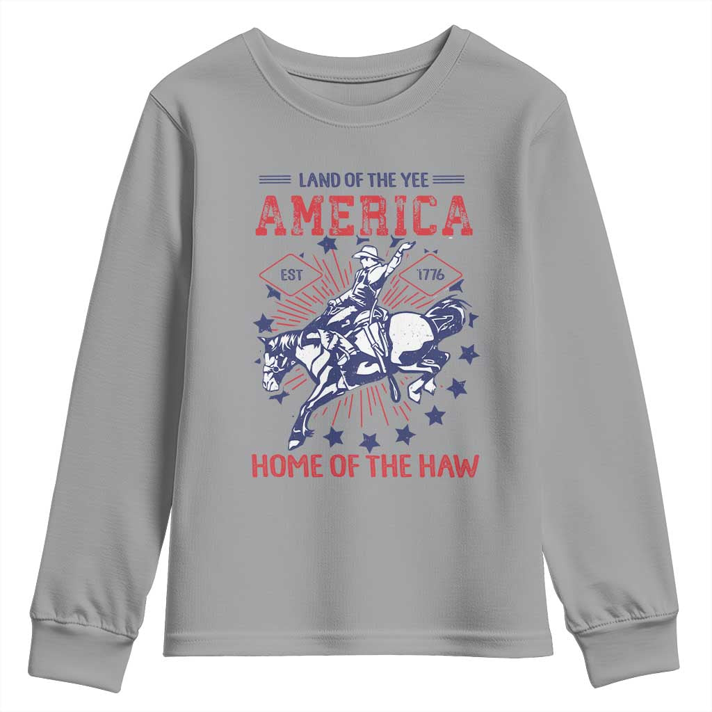 Funny 4th of July Western Cowboy Youth Sweatshirt America Land Of The Yee Home Of The Haw TS11 Sport Gray Print Your Wear