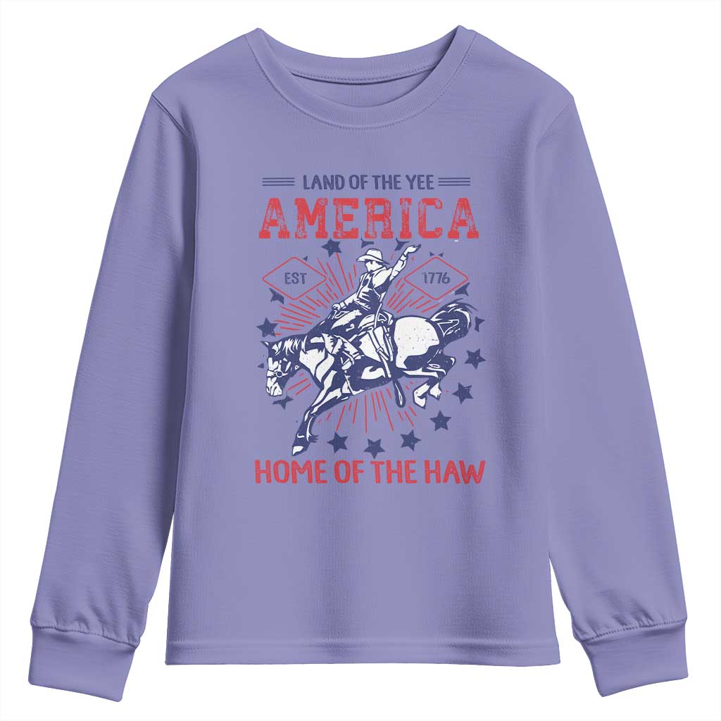 Funny 4th of July Western Cowboy Youth Sweatshirt America Land Of The Yee Home Of The Haw TS11 Violet Print Your Wear