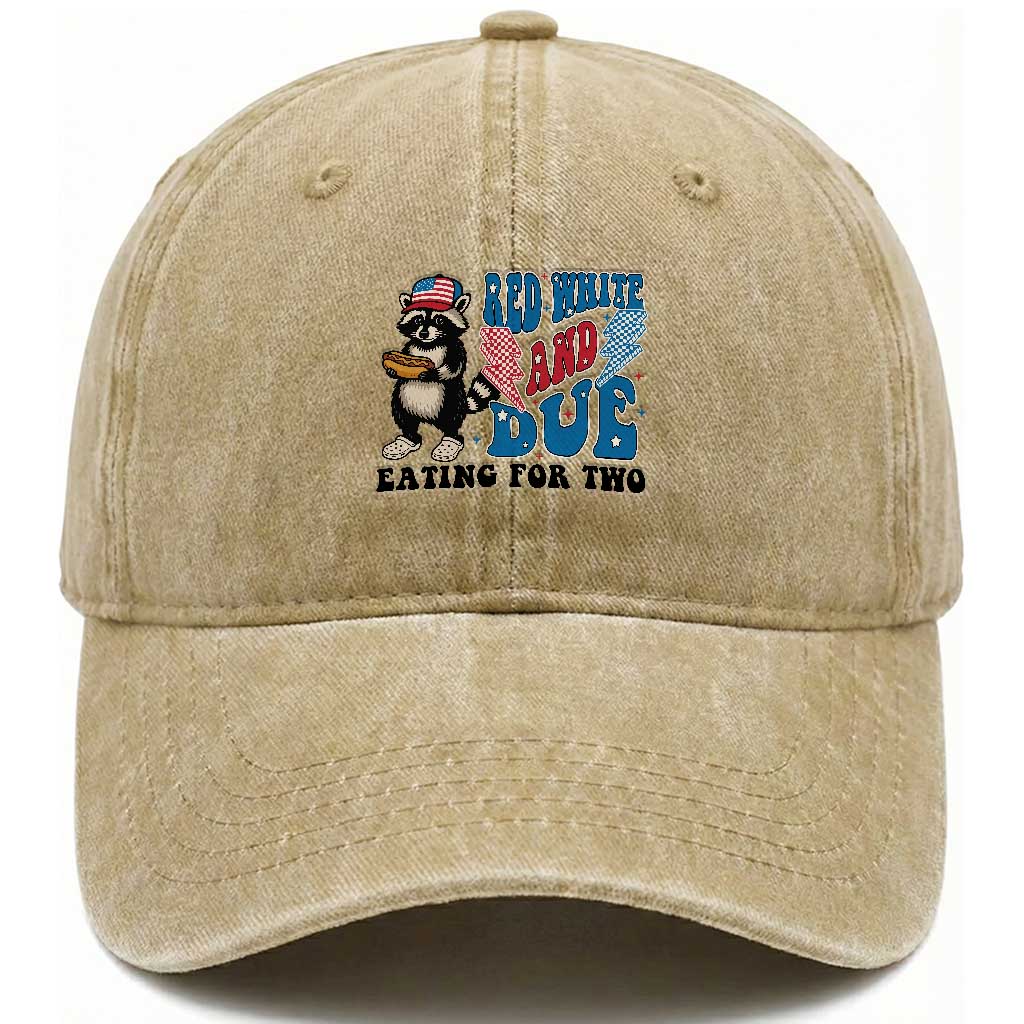 Funny 4th Of July Pregnancy Announcement Racoon Washed Cotton Baseball Cap Red White And Due Eating For Two TS11 Washed Cap Universal Fit Khaki Print Your Wear