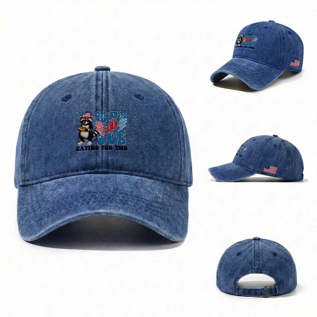 Funny 4th Of July Pregnancy Announcement Racoon Washed Cotton Baseball Cap Red White And Due Eating For Two TS11 Washed Cap Universal Fit Royal Blue Print Your Wear