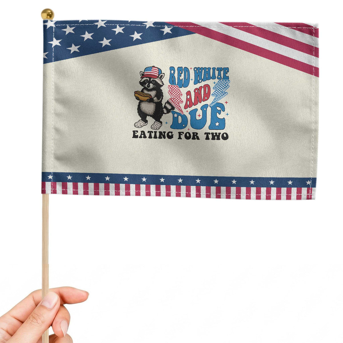 Funny 4th Of July Pregnancy Announcement Racoon Patriotic Handheld Flag Red White And Due Eating For Two TS11 Modern 8.2