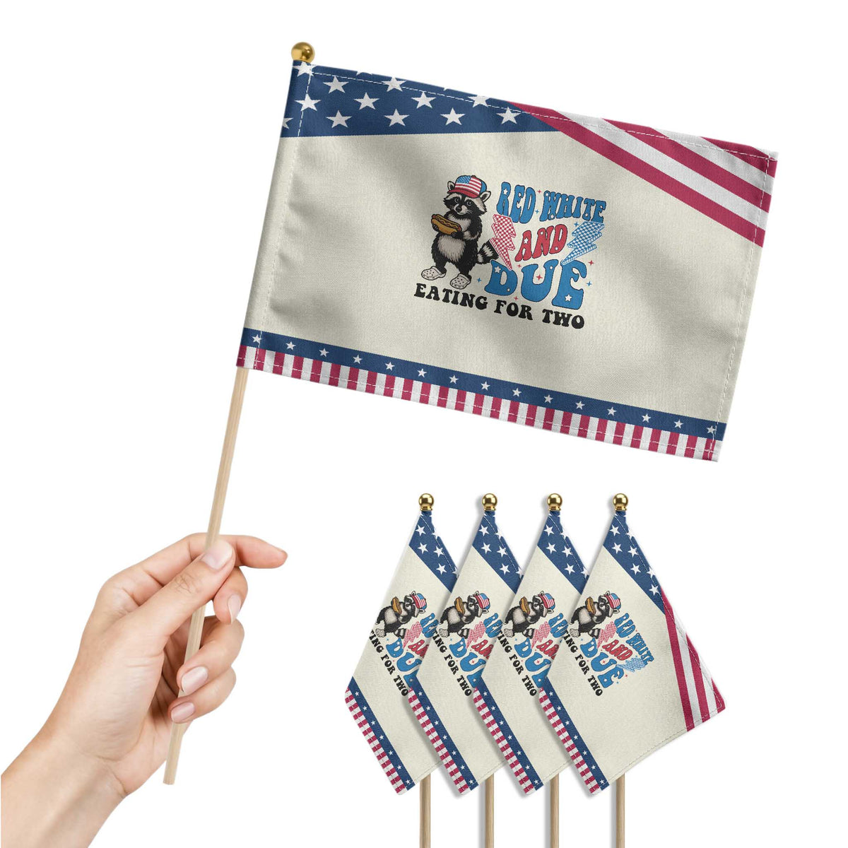 Funny 4th Of July Pregnancy Announcement Racoon Patriotic Handheld Flag Red White And Due Eating For Two TS11 Print Your Wear