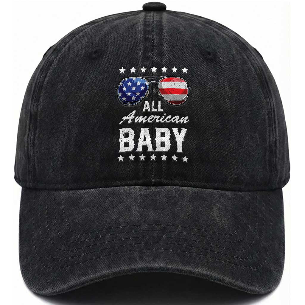 Funny All American Baby 4th Of July Washed Cotton Baseball Cap Family Matching Sunglasses TS11 Washed Cap Universal Fit Black Print Your Wear
