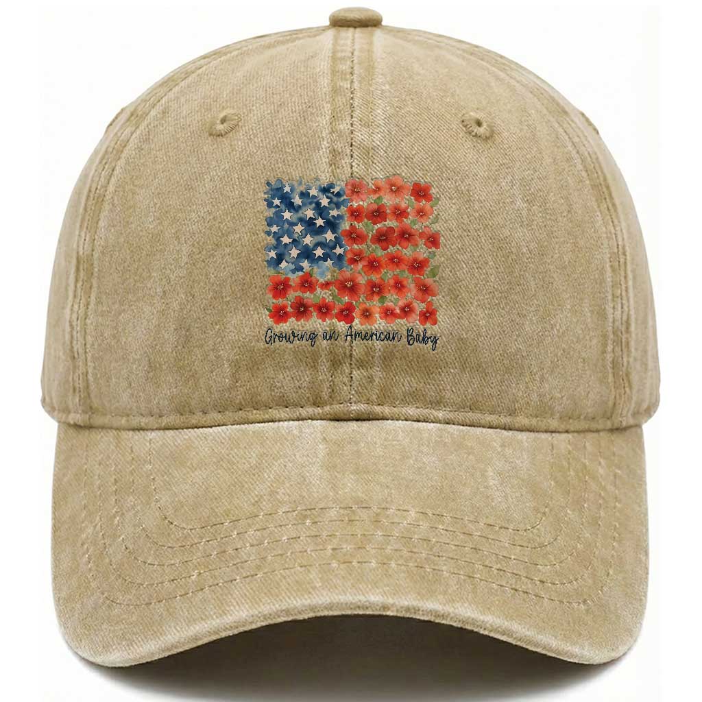 Funny 4th Of July Pregnancy Announcement Washed Cotton Baseball Cap Growing An American Baby USA Flag Flowers TS11 Washed Cap Universal Fit Khaki Print Your Wear