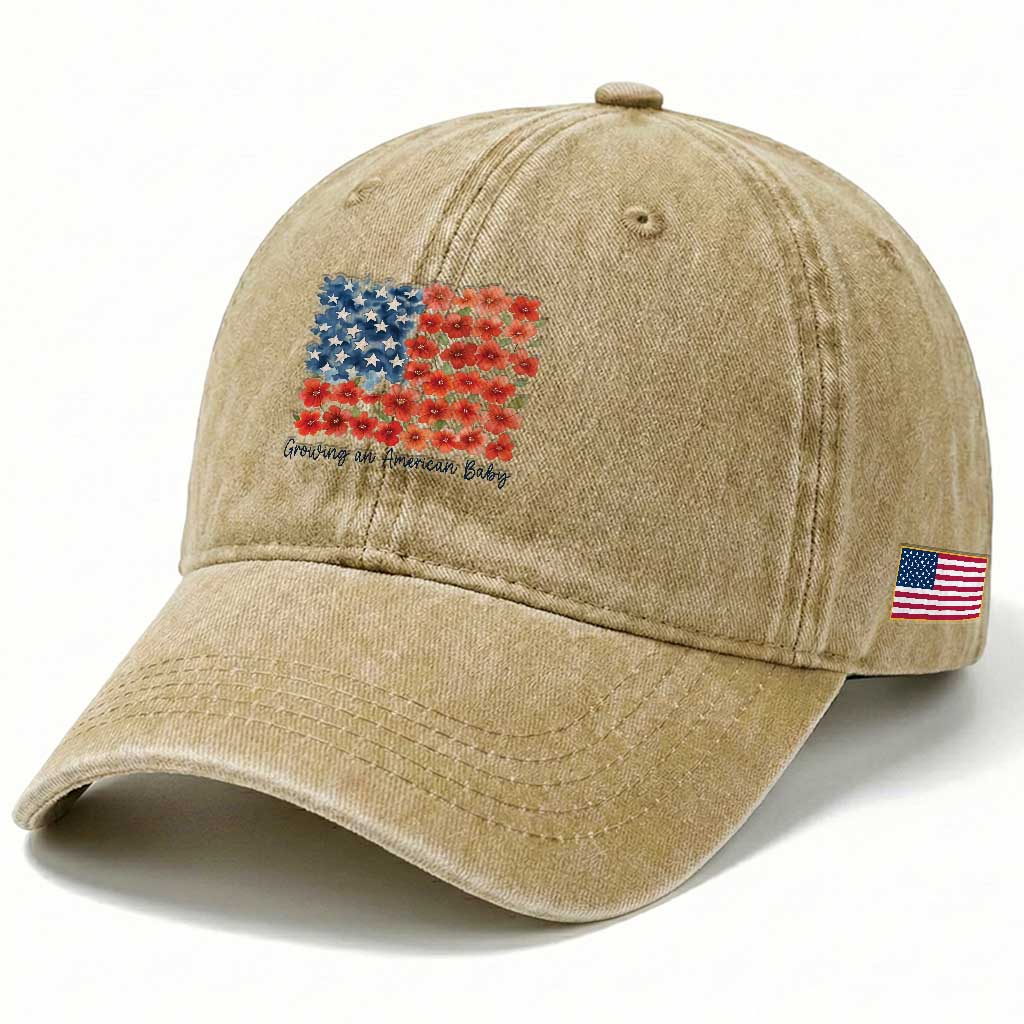 Funny 4th Of July Pregnancy Announcement Washed Cotton Baseball Cap Growing An American Baby USA Flag Flowers TS11 Print Your Wear