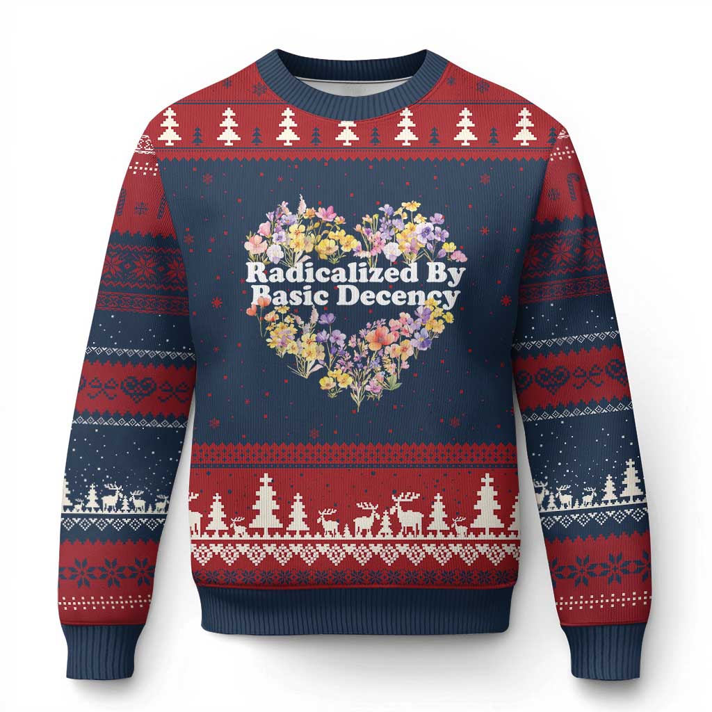 Funny Radicalized By Basic Decency Ugly Christmas Sweater Women Floral Heart TS11 Navy Red Print Your Wear