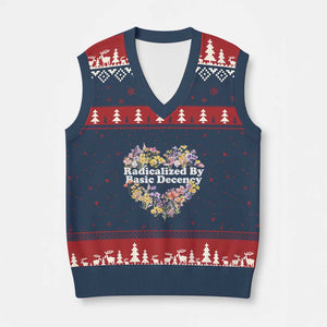 Funny Radicalized By Basic Decency V-Neck Knit Sweater Vest Women Floral Heart TS11 Navy Red Print Your Wear