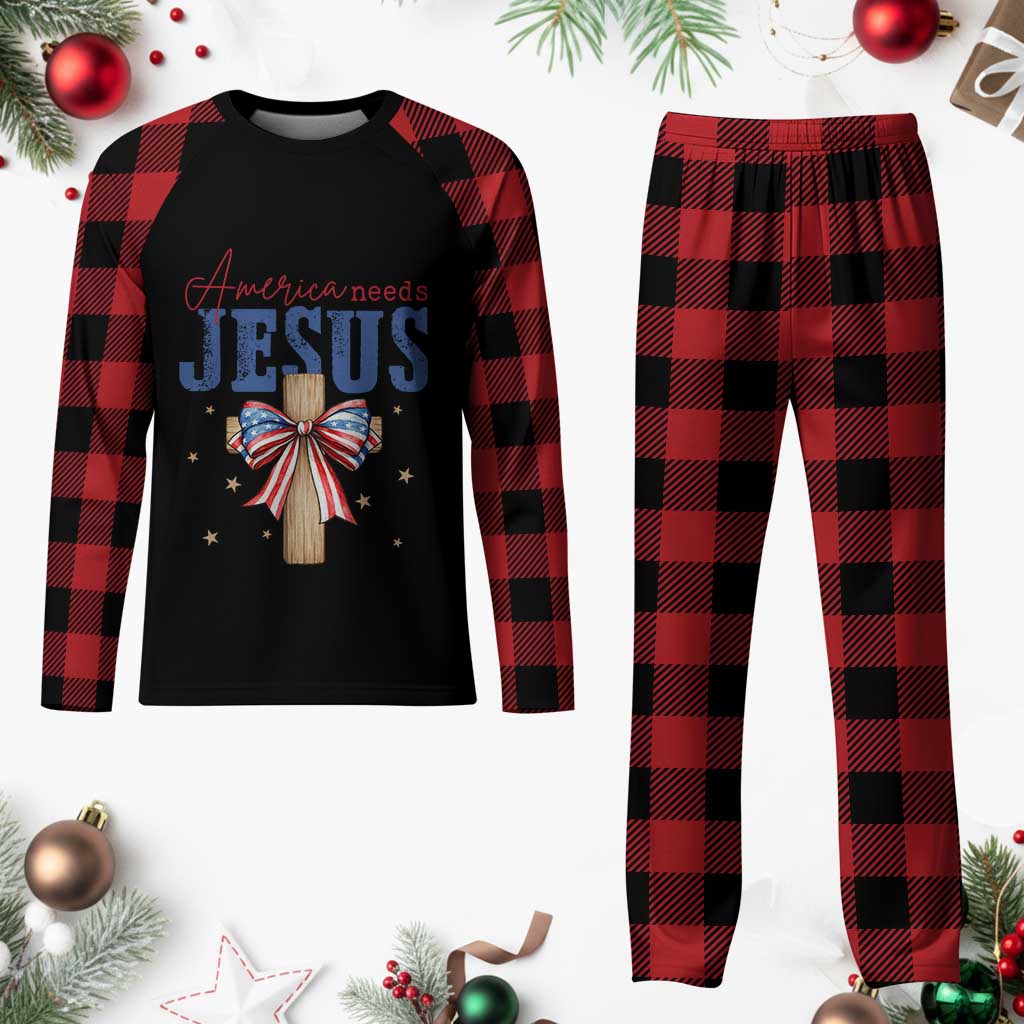 Funny America Needs Jesus Plaid Pajama Set 4th Of July Patriotic Christian Coquette Bow - Print Your Wear
