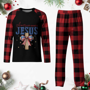 Funny America Needs Jesus Plaid Pajama Set 4th Of July Patriotic Christian Coquette Bow - Print Your Wear
