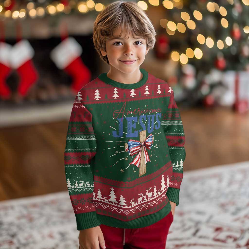Funny America Needs Jesus Knit Sweatshirt 4th Of July Patriotic Christian Coquette Bow TS11 Christmas Print Your Wear