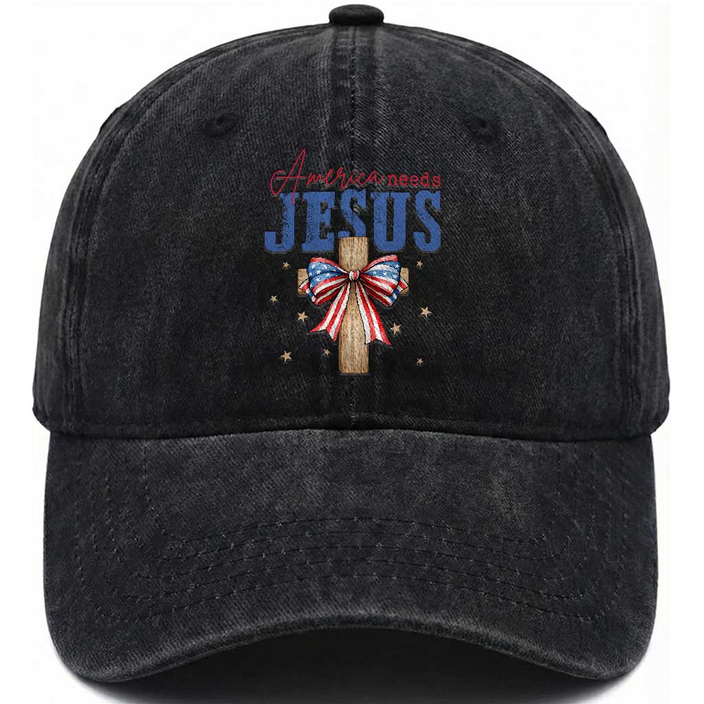 Funny America Needs Jesus Washed Cotton Baseball Cap 4th Of July Patriotic Christian Coquette Bow TS11 Washed Cap Universal Fit Black Print Your Wear