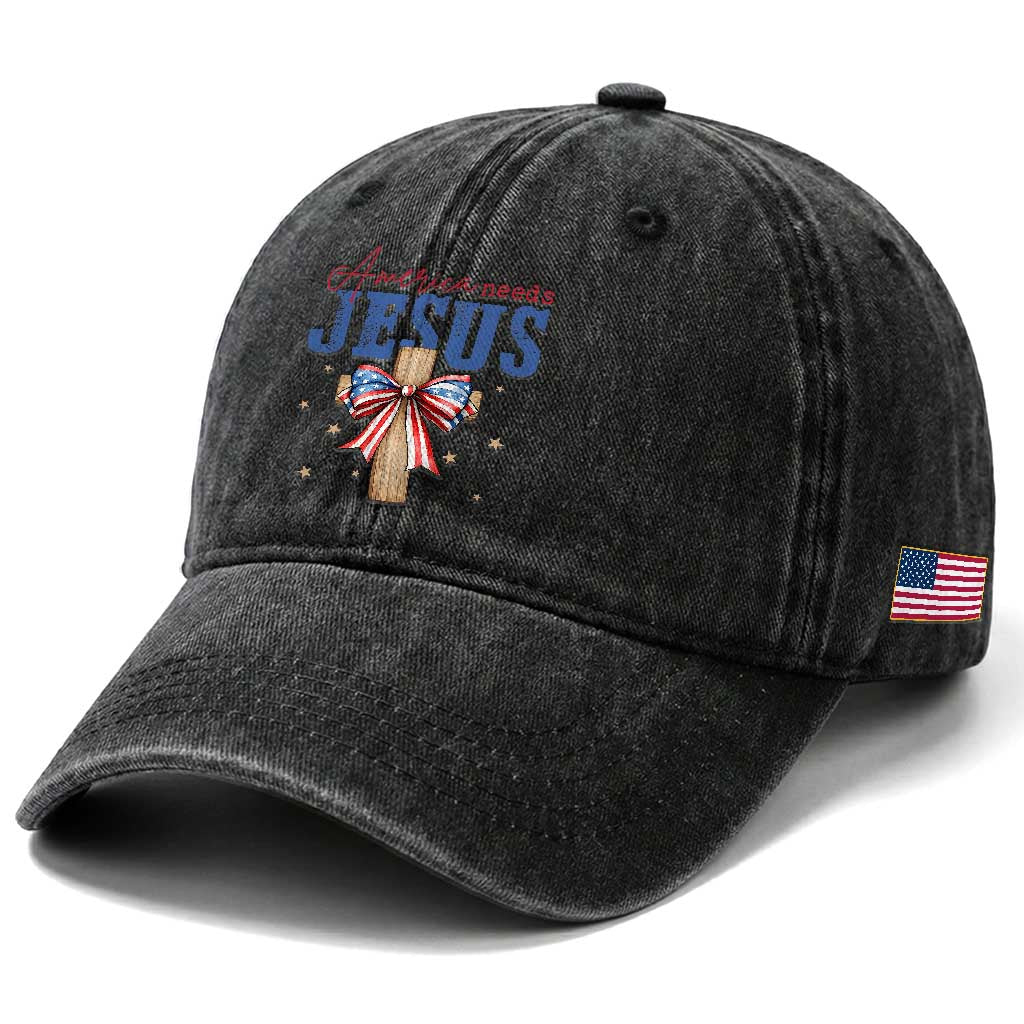 Funny America Needs Jesus Washed Cotton Baseball Cap 4th Of July Patriotic Christian Coquette Bow TS11 Print Your Wear