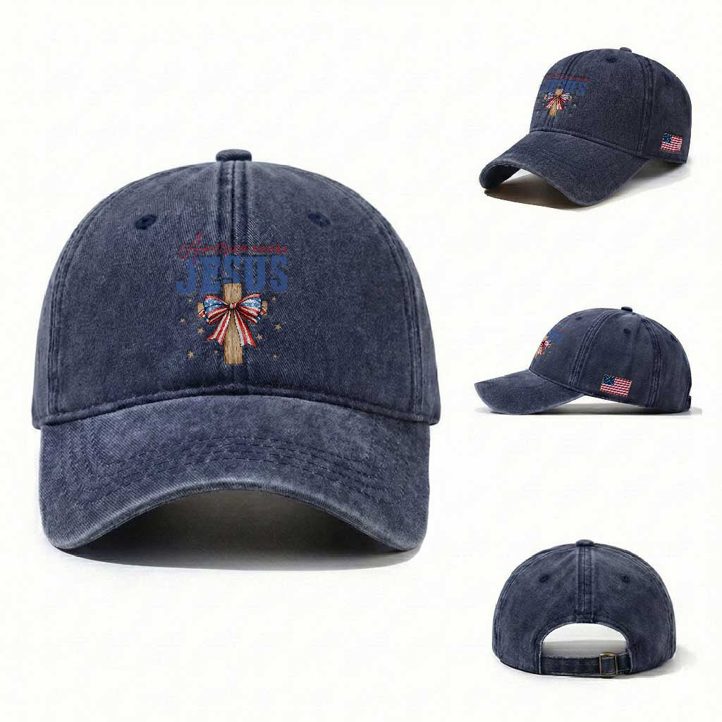 Funny America Needs Jesus Washed Cotton Baseball Cap 4th Of July Patriotic Christian Coquette Bow TS11 Washed Cap Universal Fit Navy Print Your Wear