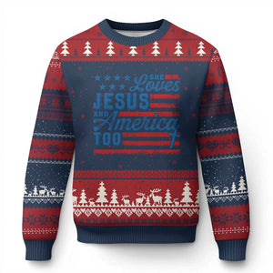 Funny She Loves Jesus And America Too Ugly Christmas Sweater 4th Of July Christian American Flag TS11 Navy Red Print Your Wear