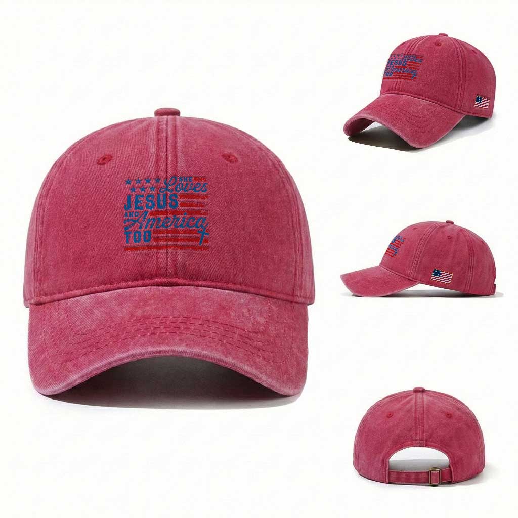 Funny She Loves Jesus And America Too Washed Cotton Baseball Cap 4th Of July Christian American Flag TS11 Washed Cap Universal Fit Red Print Your Wear