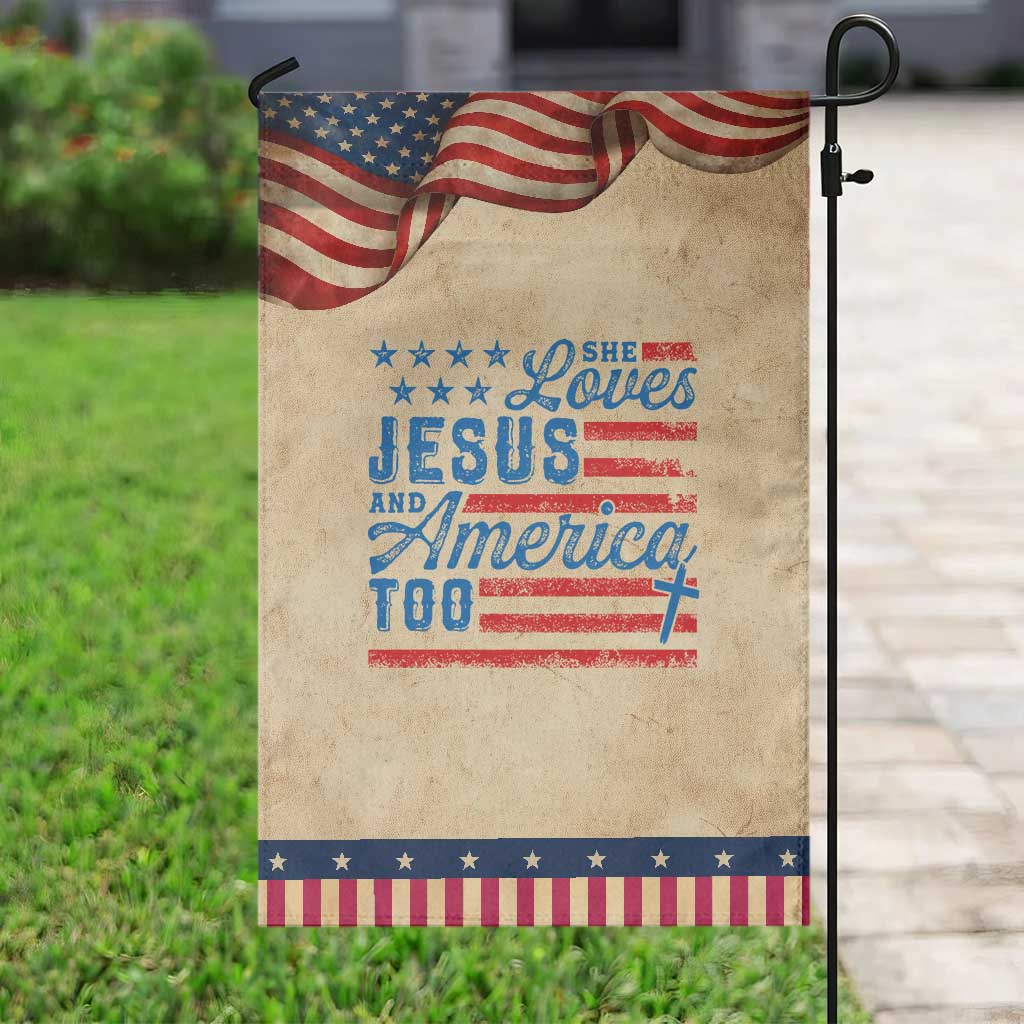 Funny She Loves Jesus And America Too Garden Flag 4th Of July Christian American Flag TS11 Vintage Rustic Tan Navy Print Your Wear