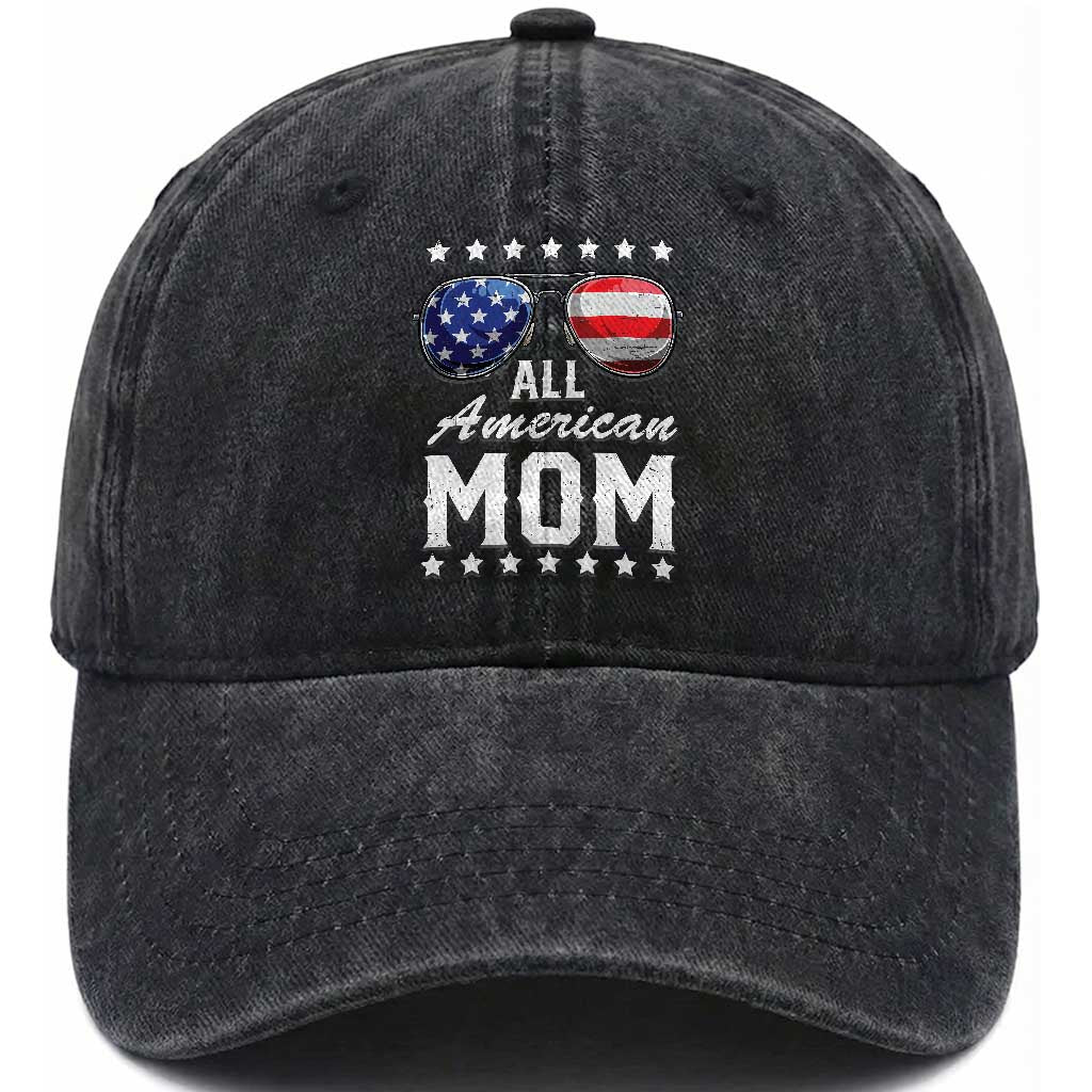 Funny All American Mom 4th Of July Washed Cotton Baseball Cap Family Matching Sunglasses TS11 Washed Cap Universal Fit Black Print Your Wear