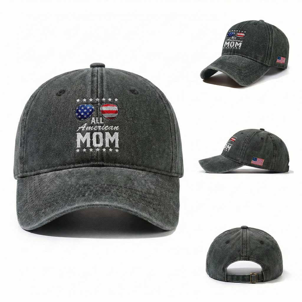 Funny All American Mom 4th Of July Washed Cotton Baseball Cap Family Matching Sunglasses TS11 Washed Cap Universal Fit Dark Green Print Your Wear