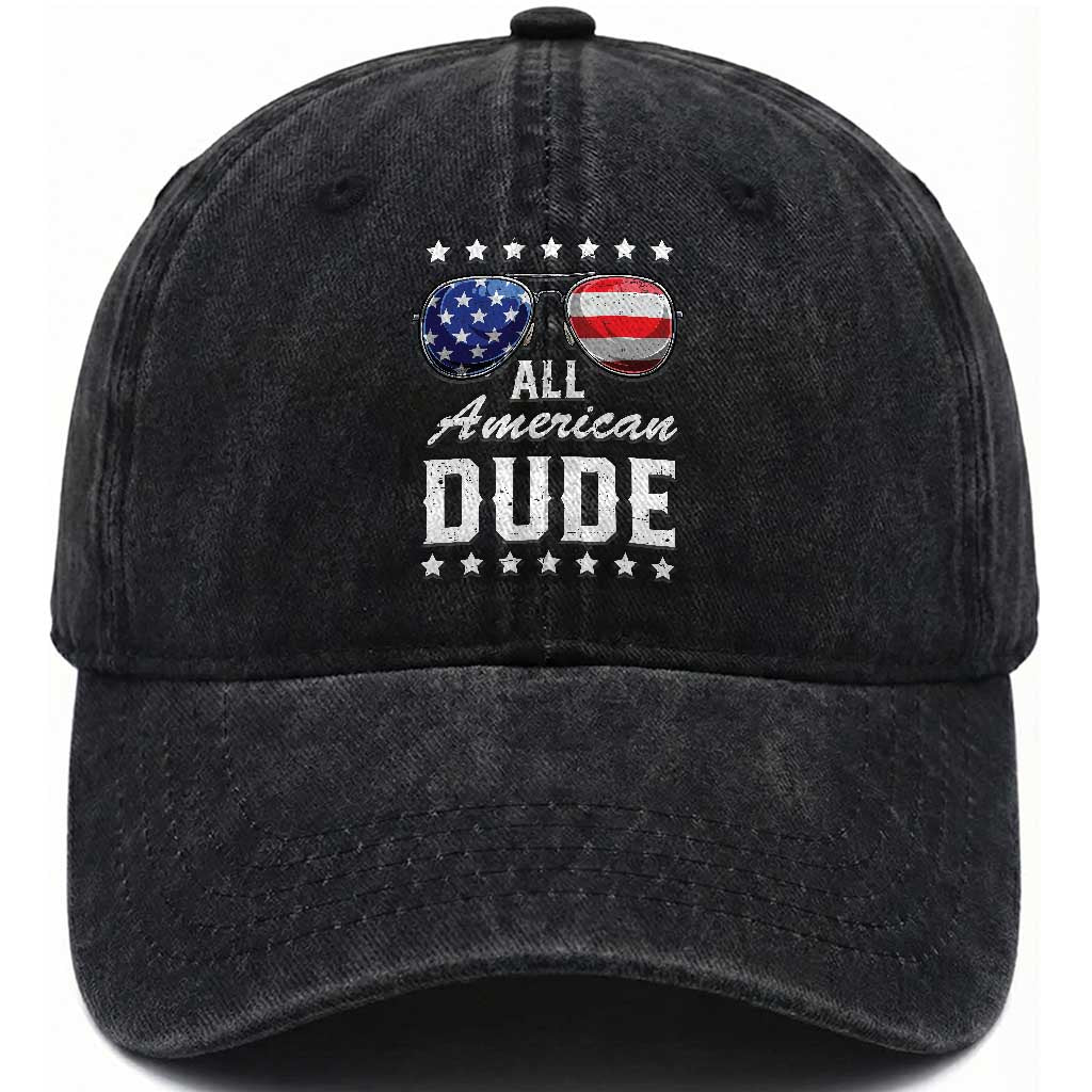 Funny All American Dude 4th Of July Washed Cotton Baseball Cap Family Matching Sunglasses TS11 Washed Cap Universal Fit Black Print Your Wear