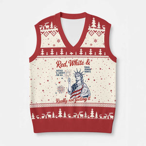 Red White and Not Really Feeling It V-Neck Knit Sweater Vest 4th of July Feminist Statue Of Liberty
