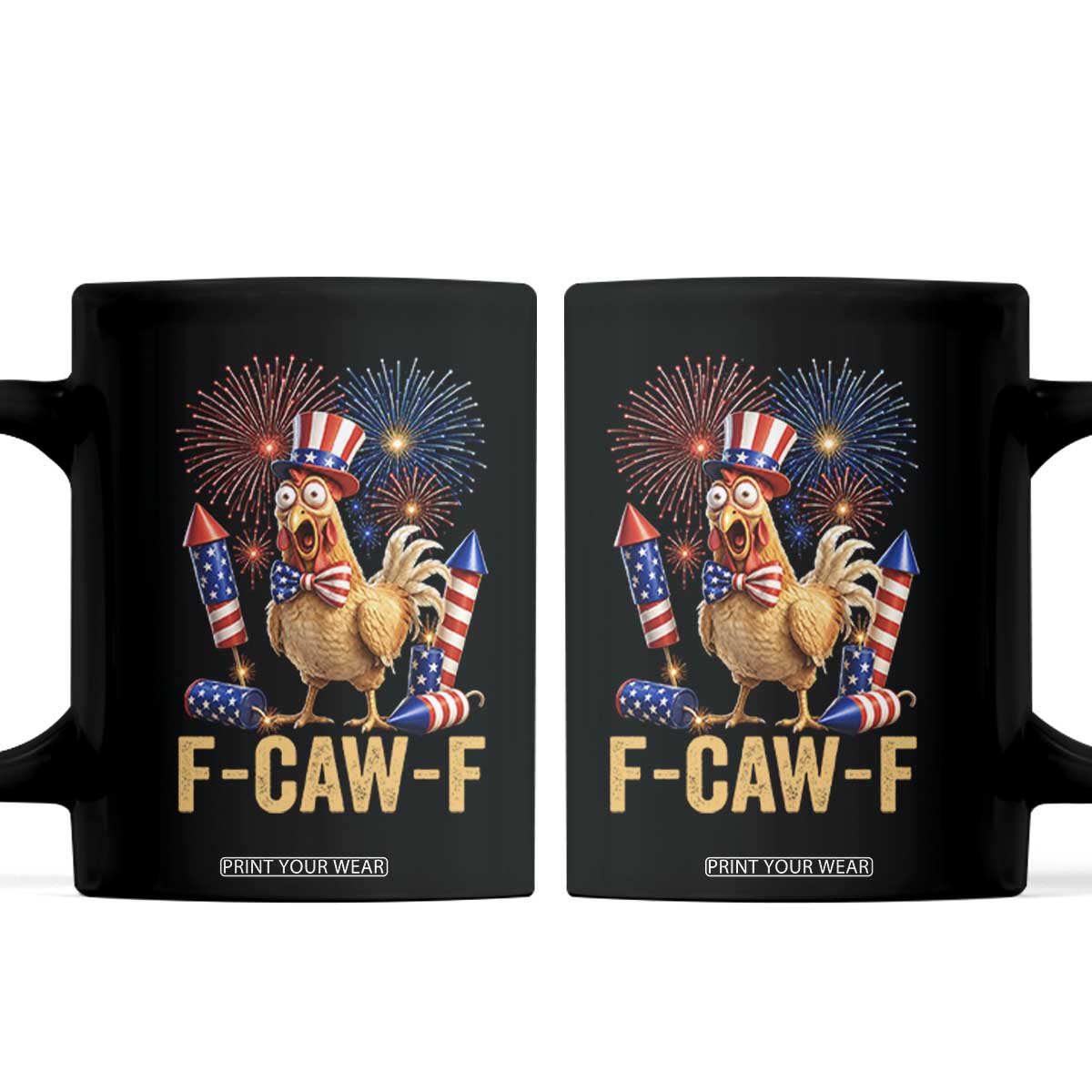 F Caw F 4th of July Coffee Mug Funny Rooster Meme American Flag Fireworks