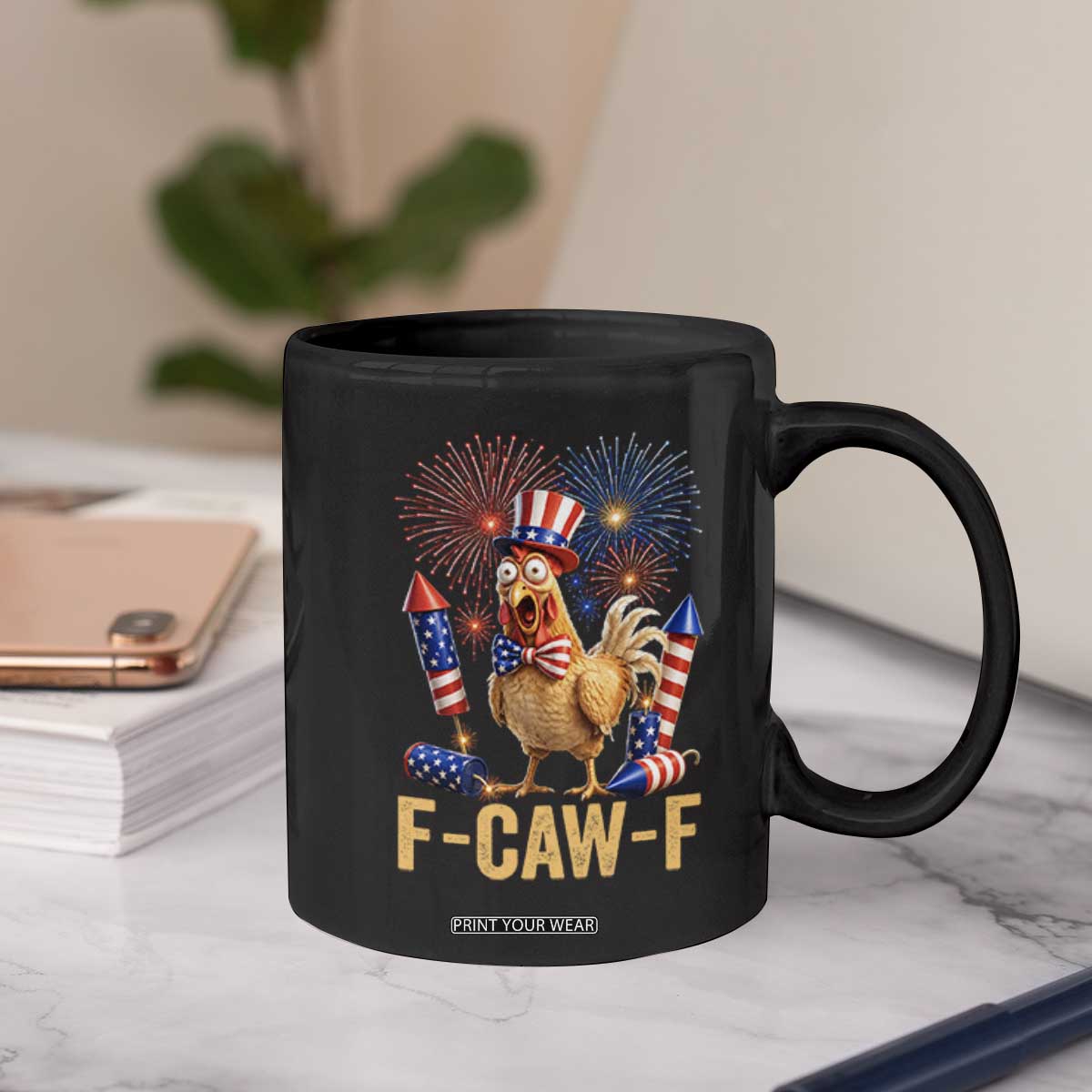 F Caw F 4th of July Coffee Mug Funny Rooster Meme American Flag Fireworks