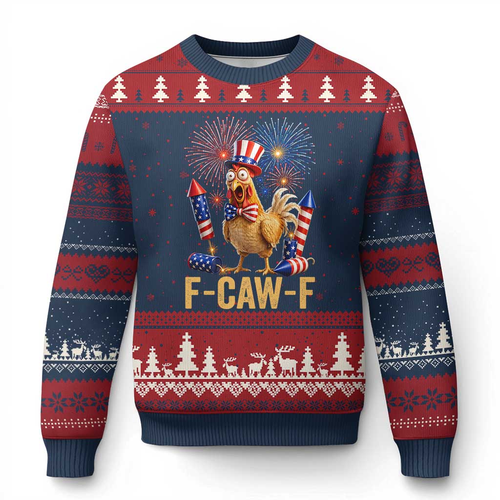 F Caw F 4th of July Ugly Christmas Sweater Funny Rooster Meme American Flag Fireworks
