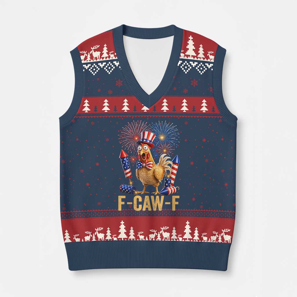 F Caw F 4th of July V-Neck Knit Sweater Vest Funny Rooster Meme American Flag Fireworks