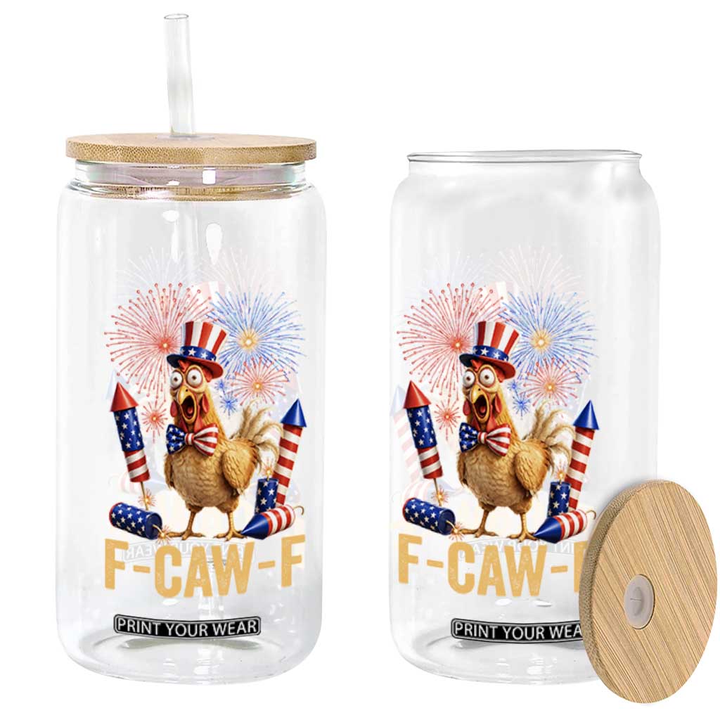 F Caw F 4th of July Glass Can Funny Rooster Meme American Flag Fireworks